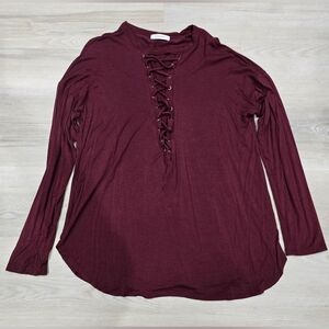 Cherish Womens Blouse Burgandy Stretch Long Sleeve Crisscross Neck L